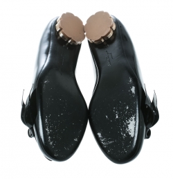 Pre Owned Salvatore Ferragamo Black Patent Leather Vola Bow Detail Flower Heel Flats Size 39