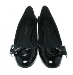 Pre Owned Salvatore Ferragamo Black Patent Leather Vola Bow Detail Flower Heel Flats Size 39