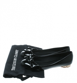 Pre Owned Salvatore Ferragamo Black Patent Leather Vola Bow Detail Flower Heel Flats Size 39