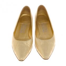 Pre Owned Salvatore Ferragamo Metallic Snake Embossed Pointed Toe Ballet Flats Size 37