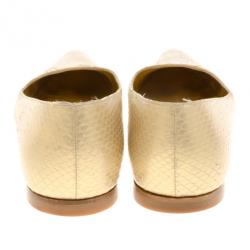 Pre Owned Salvatore Ferragamo Metallic Snake Embossed Pointed Toe Ballet Flats Size 37