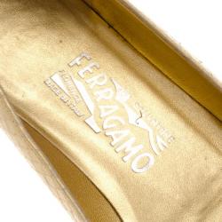 Pre Owned Salvatore Ferragamo Metallic Snake Embossed Pointed Toe Ballet Flats Size 37