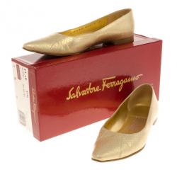 Pre Owned Salvatore Ferragamo Metallic Snake Embossed Pointed Toe Ballet Flats Size 37