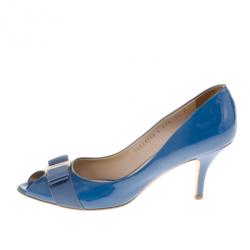 Pre Owned Salvatore Ferragamo Blue Patent Vara Bow Peep Toe Pumps Size 39