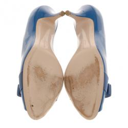 Pre Owned Salvatore Ferragamo Blue Patent Vara Bow Peep Toe Pumps Size 39