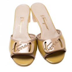 Salvatore Ferragamo Beige Patent Leather Block Heel Slides Size 35