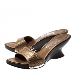 Salvatore Ferragamo Metallic Gold Python Leather Open Toe Wedge Slides Size 38.5