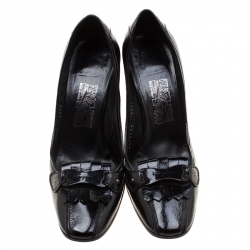 Salvatore Ferragamo Black Patent Leather Fringe Detail Loafer Pumps Size 40.5