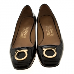 Pre Owned Salvatore Ferragamo Black Patent Leather Rebi Gancio Buckle Ballet Flats Size 38