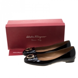 Pre Owned Salvatore Ferragamo Black Patent Leather Rebi Gancio Buckle Ballet Flats Size 38