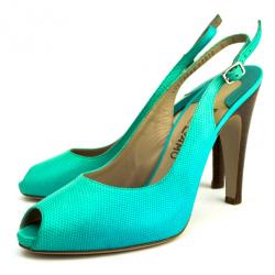 مملوكة مسبقًا Salvatore Ferragamo Turquoise Embossed Peep Toe Slingback Sandals Size 39.5