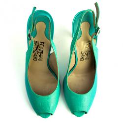 مملوكة مسبقًا Salvatore Ferragamo Turquoise Embossed Peep Toe Slingback Sandals Size 39.5