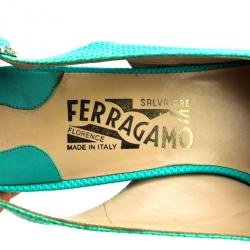 مملوكة مسبقًا Salvatore Ferragamo Turquoise Embossed Peep Toe Slingback Sandals Size 39.5