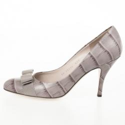 Pre Owned Salvatore Ferragamo Croc Embossed Vara Bow Pumps Size 39