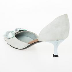 مملوكة مسبقًا Salvatore Ferregamo Blue Suede Bow Pointed Toe Dórsay Kitten Heels Size 36