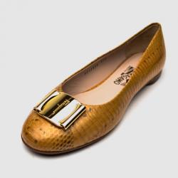 Pre Owned Salvatore Ferragamo Beige Embossed Logo Buckle 'Sun' Ballet Flats Size 40 