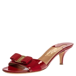 Pre Owned Salvatore Ferragamo Red Patent Leather Vara Bow Open Toe Sandals Size 39