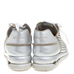 Pre Owned Salvatore Ferragamo Silver Perforated Leather Gils Sneakers Size 37.5