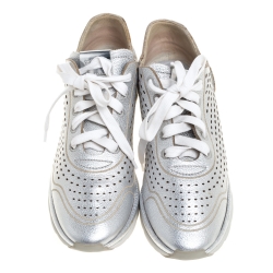 Pre Owned Salvatore Ferragamo Silver Perforated Leather Gils Sneakers Size 37.5