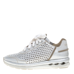 Pre Owned Salvatore Ferragamo Silver Perforated Leather Gils Sneakers Size 37.5