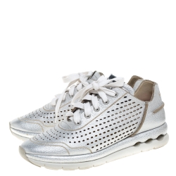 Pre Owned Salvatore Ferragamo Silver Perforated Leather Gils Sneakers Size 37.5