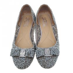 Pre Owned Salvatore Ferragamo Grey Lace Bombay Ballet Flats Size 38.5