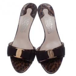 Salvatore Ferragamo Brown Glory Bow Slides Size 37