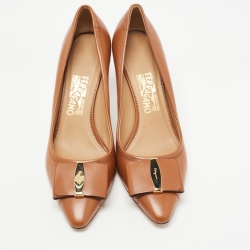 Pre Owned Salvatore Ferragamo Brown Leather Oversized Bow Pumps Size 40.5