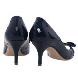 Pre Owned حذاء كعب عالي سالفاتوري فيراغامو أزرق لامع فيونكة فارا فتحة أمامية للأصبع مقاس 36.5