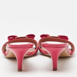 Pre Owned Salvatore Ferragamo Pink Patent Leather Vara Bow Slide Sandals Size 38.5