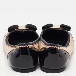 Salvatore Ferragamo Beige/Black Leather and Patent Leather Ballerina Flats Size 35.5