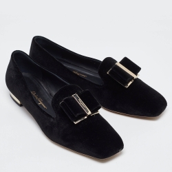 Pre Owned Salvatore Ferragamo Black Velvet Viva Bow Ballet Flats Size 39.5