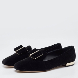 Pre Owned Salvatore Ferragamo Black Velvet Viva Bow Ballet Flats Size 39.5