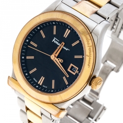 Pre Owned Salvatore Ferragamo Black Sunray Two Tone Stainless Steel F62 Women's Wristwatch 40MM