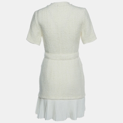 Pre Owned Sandro Off White Tweed Pleated Hem & Belted Mini Dress S