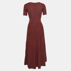 Pre Owned Sandro Burgundy Perforated Knit Knot Detail Midi Dress XS