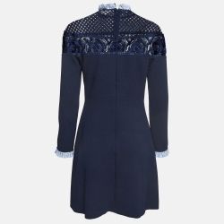 Pre Owned Sandro Navy Blue Crepe & Lace Mini Dress L