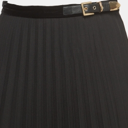 Sandro Black Twill & Velvet Pleated Midi Skirt M
