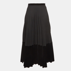 Sandro Black Twill & Velvet Pleated Midi Skirt M