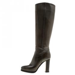 Pre Owned Santoni Khaki Patent Leather Heel Boots Size 37.5