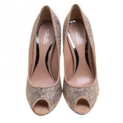 Sebastian Beige Lace and Silver Glitter Peep Toe Pumps Size 38