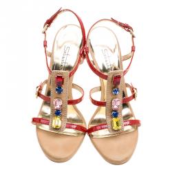 Sebastian Red Patent Leather Crystal Embellished T Strap Sandals Size 37