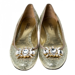 Sebastian Metallic Gold Glitter Crystal Embellished Ballet Flats Size 40