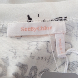 مملوكة مسبقًا See By Chloe Cloudy White Doodle Print Cotton Cropped T-Shirt L
