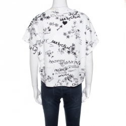 مملوكة مسبقًا See By Chloe Cloudy White Doodle Print Cotton Cropped T-Shirt L