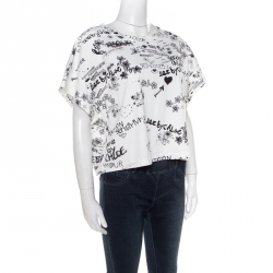مملوكة مسبقًا See By Chloe Cloudy White Doodle Print Cotton Cropped T-Shirt L