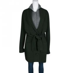 Pre Owned See By Chloe Olive Green and Grey Faux Layer Belted Long Cardigan M