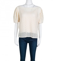 Pre Owned See by Chloe Cream Boat Neck Floral Lace Top M