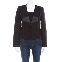 See by Chloe Black Textured Cotton Satin Faux Lapel Collarless Blazer S