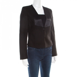 See by Chloe Black Textured Cotton Satin Faux Lapel Collarless Blazer S